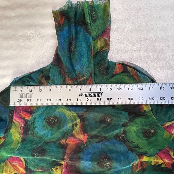 Women's Blue Green Floral Print Turtleneck Long Sleeve Mesh Top Casual - Picture 4 of 6